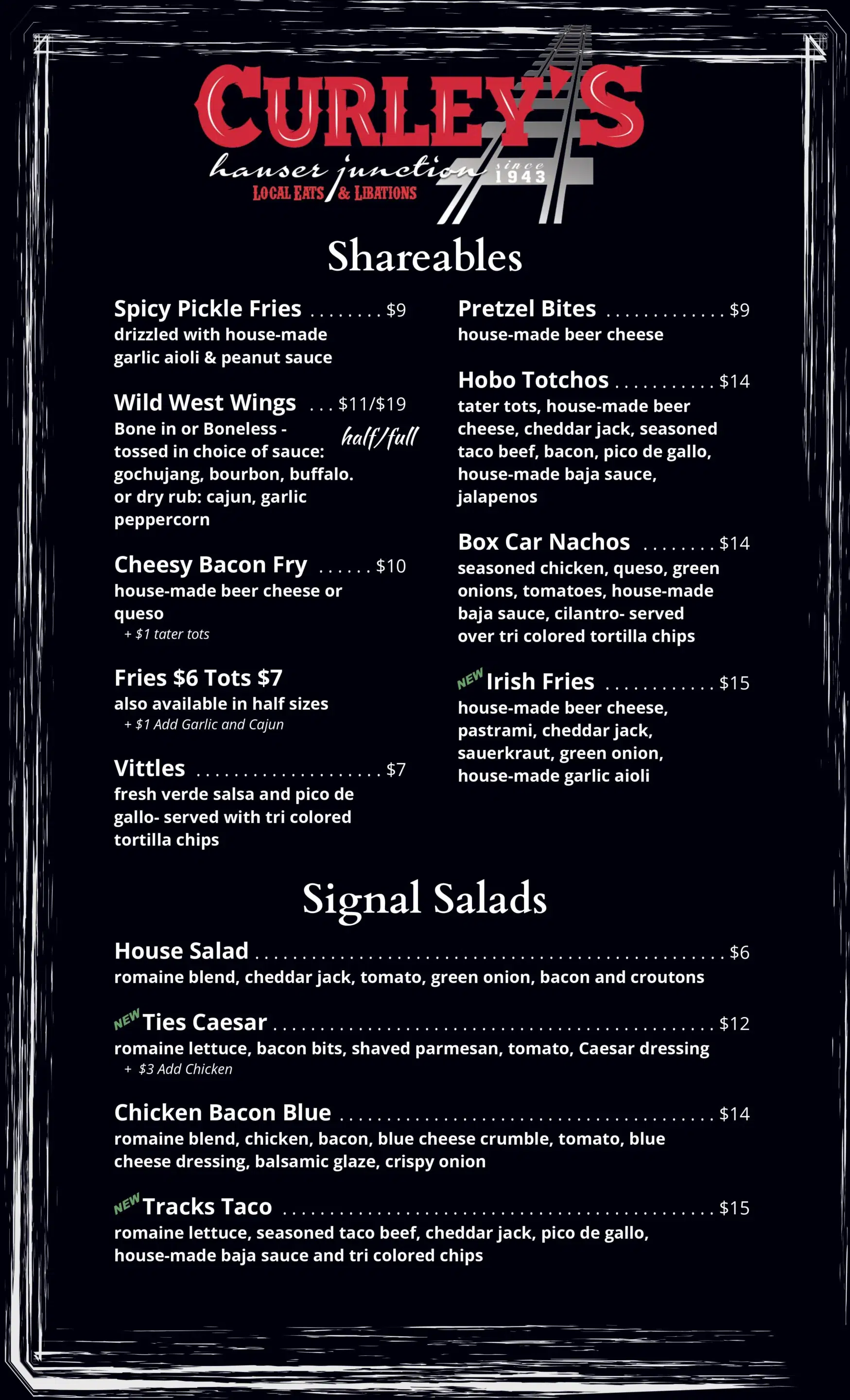 Curley's menu first page